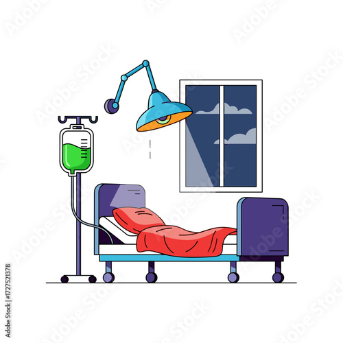 Unoccupied hospital room at night with an empty bed IV drip and medical lamp.