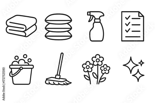 Spring Cleaning Icons. Spring cleaning set icons in outline style: folded blanket, stacked pillows, spray bottle, checklist paper, bucket with