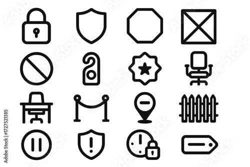 Boundary Icons Collection. Boundaries icons in outline style: padlock, shield, stop sign, blocked square, no entry circle, do not disturb sign,