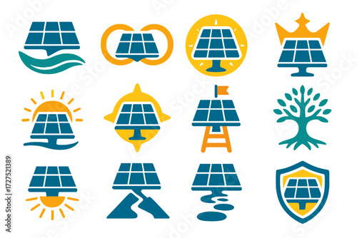 Vibrant Energy Icons. Symbolic solar panel in modern flat vector : harmony wave, infinity loop, glowing aura, guiding compass, crown with star,