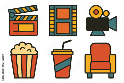 Cinema Icon Set. Movie vibe set of icons in abstract flat : cinema clapperboard, filmstrip, projector, popcorn bucket, soda drink, comfy chair