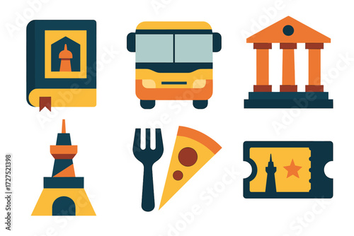 Urban Exploration Icons. City tour set of icons in abstract flat : guidebook, bus, museum, landmark tower, food icon, ticket