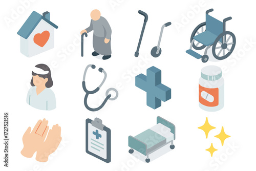 Nursing Home Icons. Basic nursing home set icons in modern isometric flat : house with heart, elderly figure, walking cane, wheelchair, nurse figure,