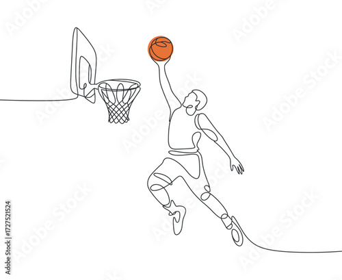 Basketball Player Dunking Ball Continuous Line Art Sport Game Vector Illustration