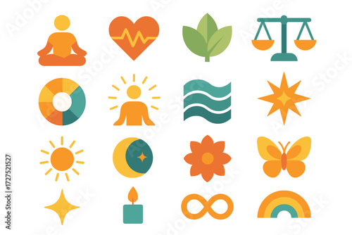 Wellness Icons. Wellness symbols set of icons in abstract flat : meditation figure, heart pulse, wellness leaf, balance scale, harmony circle,