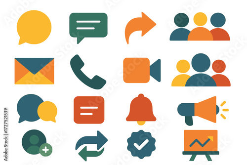 Abstract Communication Icons. Communication context set of icons in abstract flat : speech bubble, comment bubble, reply arrow, chat thread, email
