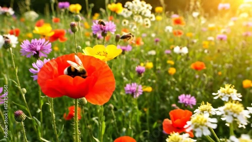 Vibrant Wildflower Meadow A Symphony of Colors and Pollinators in Summer.