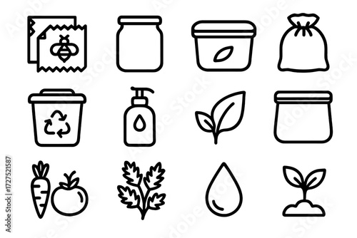 Eco Fridge Icons. Eco-friendly fridge storage icons in outline style: beeswax wrap, glass jar, bamboo lid container, cloth bag, compost bin, refill