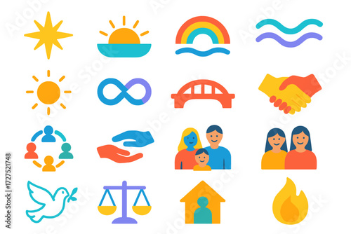 Motivational Icon Set. Motivation themes in modern flat vector : guiding star, sunrise horizon, rainbow arc, harmony wave, glowing aura, infinity loop
