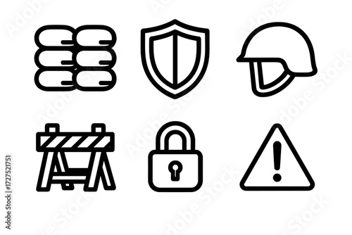 Defense Setup Icons. Defense setup icons in outline style: sandbag wall, shield, helmet, barricade, lock, warning triangle