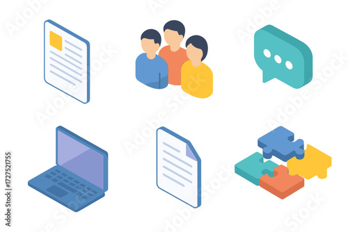 Team Project Icons. Team project set icons in modern isometric flat : project brief, group of people, chat bubble, laptop, file, puzzle pieces