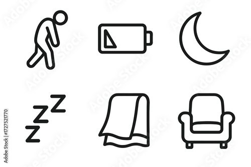 Low Energy Icons. Low energy icons in outline style: tired walk, battery low, moon crescent, zzz symbol, blanket, chair