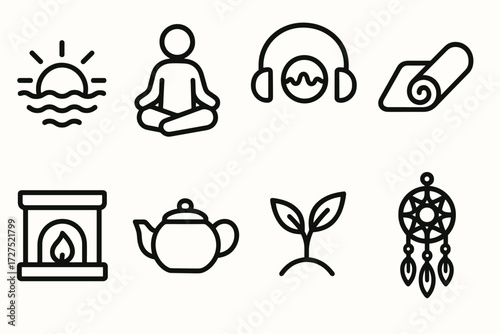 Evening Tranquility Icons. Evening balance icons in outline style: setting sun, relaxed figure, headphones with calm wave, yoga mat, fireplace, tea