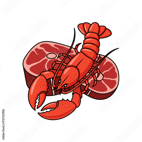 Vibrant red cartoon lobster with large claws resting on a raw beef steak cut detailed illustration.
