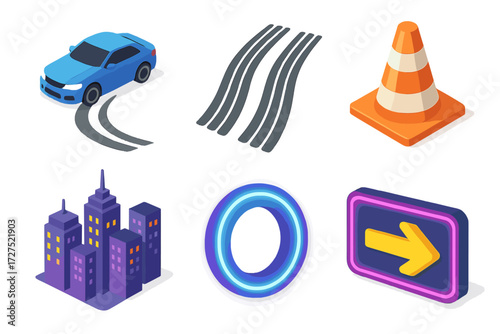 Isometric Racing Icons. Street racing set icons in modern isometric flat : drift turn, tire skid mark, cone, city skyline, neon light, arrow sign