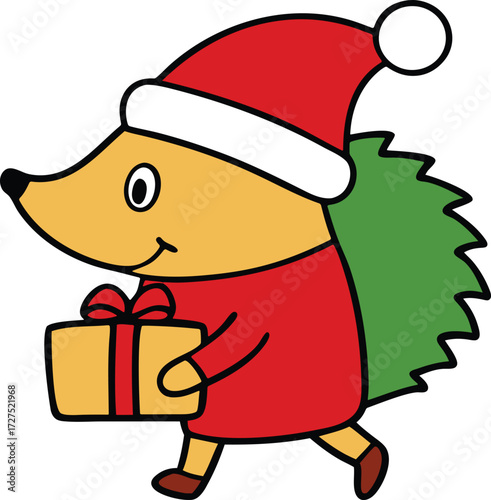 Festive Hedgehog Delivering a Gift Themed for Christmas Holidays with a Santa Hat and a Colorful Red Outfit