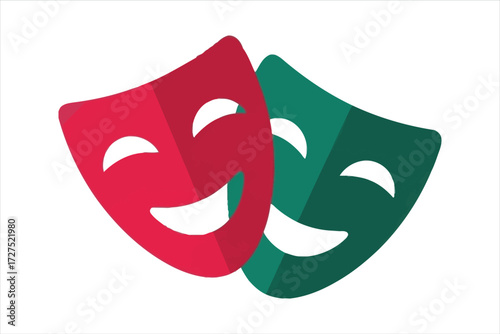 Vector art of comedy and tragedy masks in red and green, representing theatre, drama, and performance perfect for illustrating artistic expression