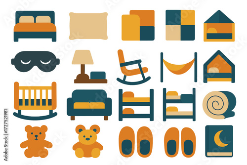 Sleep Essentials Icons. Sleep basics set of icons in abstract flat : bed, pillow, blanket, quilt, sleep mask, nightstand lamp, rocking chair, hammock