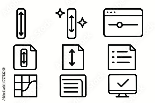 UI Symbols Collection. Symbols icons in outline style: scroll bar with arrow, scroll bar with sparkles, page with scroll icon, window with slider,