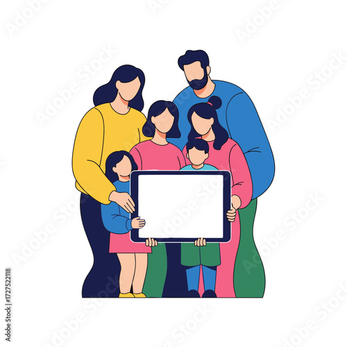 Diverse family group parents and three children holding a blank digital tablet flat vector illustration style.