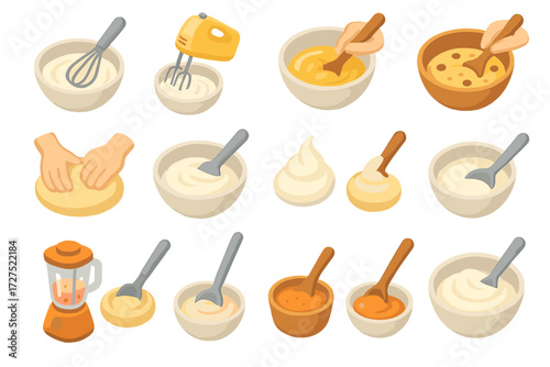 Isometric Mixing Icons. Mixing actions set icons in modern isometric flat : whisk swirl, whipping cream, beaten eggs, mixing batter, kneading dough,