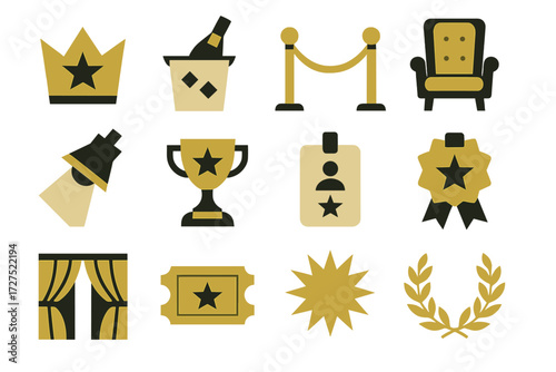 VIP Icons Ensemble. VIP club queue set of icons in abstract flat : crown with star, champagne bucket, gold rope, exclusive chair, spotlight, trophy,