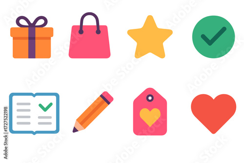 Vibrant Wishlist Icons. Wishlist check in modern flat vector : gift box, shopping bag, star icon, checkmark, open notebook, pencil, wishlist tag,