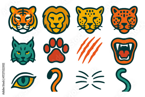 Vibrant Feline Icons. Feline whiskers in modern flat vector : tiger face, lion face, cheetah face, jaguar face, lynx, leopard, whisker marks, wild paw