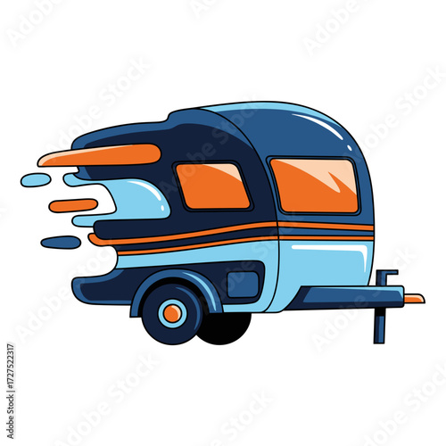 Dynamic cartoon illustration of a speeding blue and orange retro travel trailer.