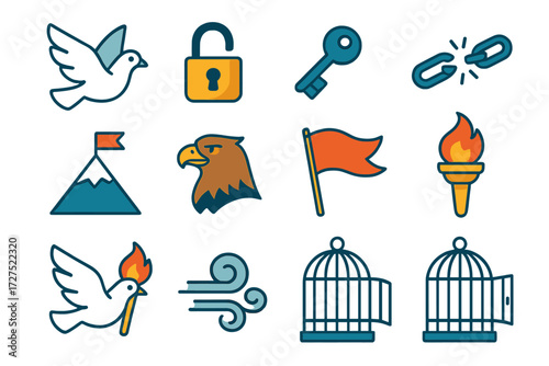 Freedom's Icons. Freedom dove in modern flat vector : unlocked padlock, key, broken chain, mountain peak, sky, wings, eagle, banner, torchlight, flame