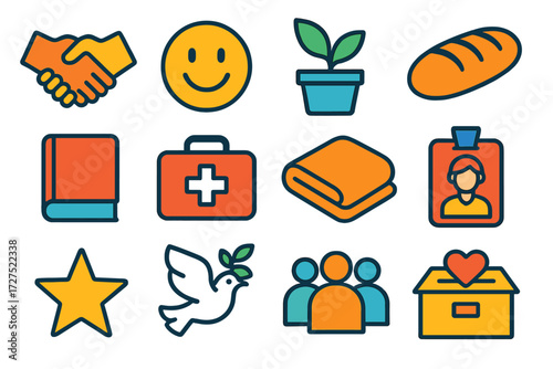 Community Support Icons. Community support box in modern flat vector : handshake, smiling face, plant, bread loaf, book, medical kit, blanket,