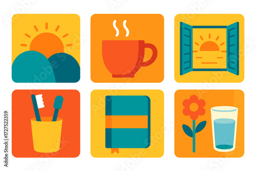 Morning Essentials Icons. Morning renewal in modern flat vector : sunrise, coffee cup, open window, bird, toothbrush, journal, fresh flower, glass of