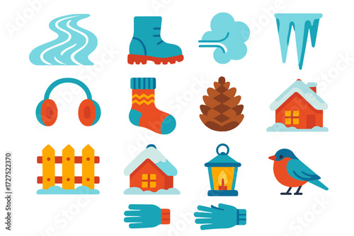 Winter Icon Collection. Frosty walk in modern flat vector : icy path, snow boot, breath cloud, earmuffs, wool sock, pinecone, icicle, fence, snowy