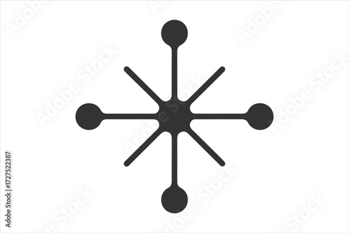 Vector art of a symmetrical starburst pattern with a central circle and radiating lines ending in circles, representing connection, energy, and expansion