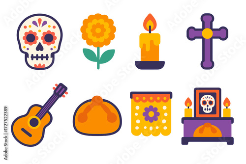 Day of the Dead Icons. Day of the dead in modern flat vector : calavera face, marigold, candle, cross, guitar, pan de muerto, papel picado, altar.