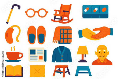 Elderly Care Icons. Elderly care in modern flat vector : walking cane, glasses, rocking chair, pill box, hearing aid, slippers, cozy blanket, support