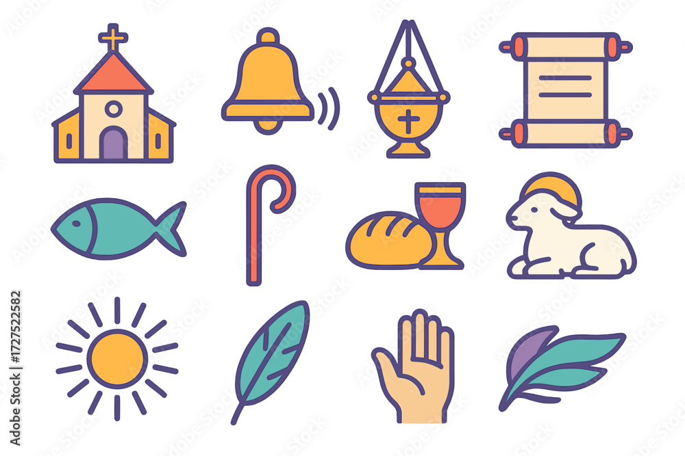 Fototapeta premium Holy Icon Set. Holy icon in modern flat vector : church, bell, incense, scroll, fish, shepherd’s staff, bread, wine, lamb, sunburst, feather, open