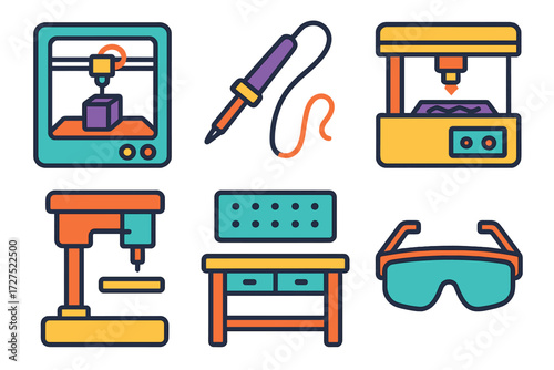 Modern Maker Space Icons. Maker space in modern flat vector : 3D printer, soldering iron, laser cutter, drill press, workbench, safety goggles. .