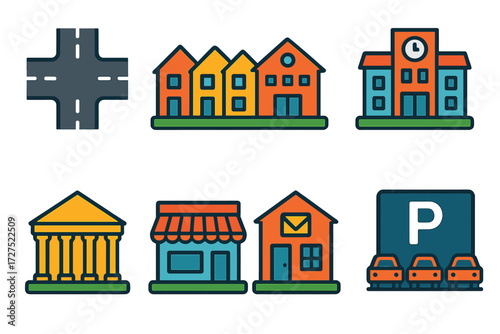 Modern Community Icons. Community layout in modern flat vector : road intersection, houses row, school building, hospital, library, grocery store,