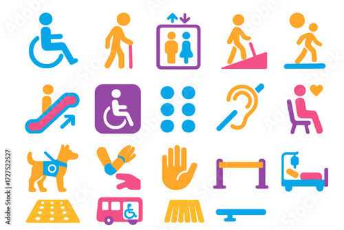 Modern Accessibility Icons. Accessibility in modern flat vector : wheelchair, walking cane, elevator icon, ramp, escalator, accessible restroom,