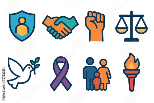 Human Rights Icons. Human rights in modern flat vector : protect life, handshake, raised fist, scales, dove, ribbon, family, torch. [] .