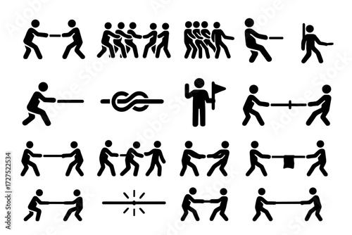 Tug of War Icons. Action basics icons in outline style: two figures pulling rope, team pulling rope, group tug of war, crouched pull, leaning back