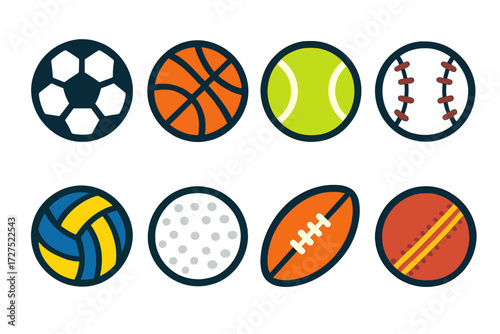 Colorful Sports Ball Icons. Sports balls in modern flat vector : soccer ball, basketball, tennis ball, baseball, volleyball, golf ball, rugby ball,