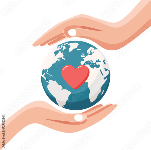 Two hands gently cradling the Earth, symbolizing care and protection for our planet with a heart at its center.