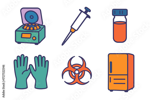 Modern Lab Equipment Icons. Lab equipment in modern flat vector : centrifuge, pipette, sample vial, gloves, biohazard symbol, refrigerator. .