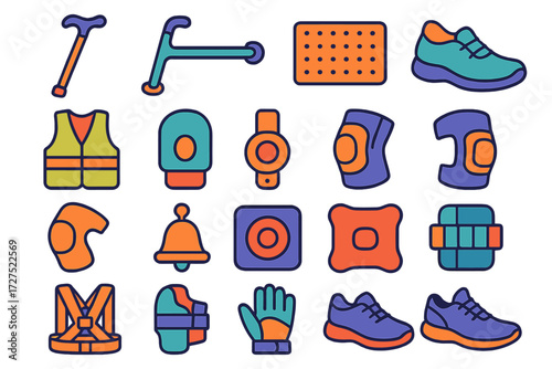Safety Gear Icons. Safety and support in modern flat vector : walking cane, grab rail, non-slip mat, cushioned shoe, reflective vest, night light,