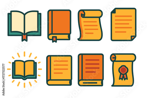 Sacred Text Icons. Sacred text in modern flat vector : open book, closed book, rolled scroll, parchment sheet, bookmark ribbon, book with aura,
