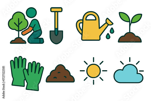 Vibrant Eco Icons. Environmental care in modern flat vector : tree planting, shovel, watering can, seedling, gloves, soil, sun, cloud. [] .