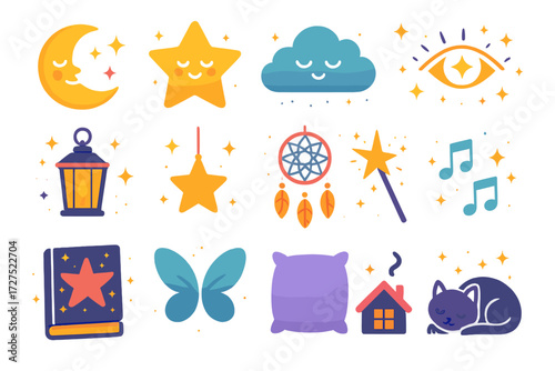 Dreamlike Night Icons. Dreamlike night in modern flat vector : moon with face, star with smile, sleeping cloud, twinkling eyes, glowing lantern,