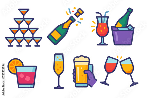 Festive Drink Icons. Party drinks in modern flat vector : glass pyramid, champagne popping, glowing cocktail, bottle in ice, drink with lemon slice,